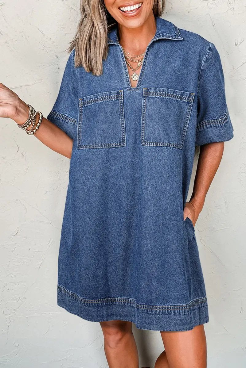 Blue Short Sleeve Collared Patched Pocket Denim Mini Dress - Love Salve